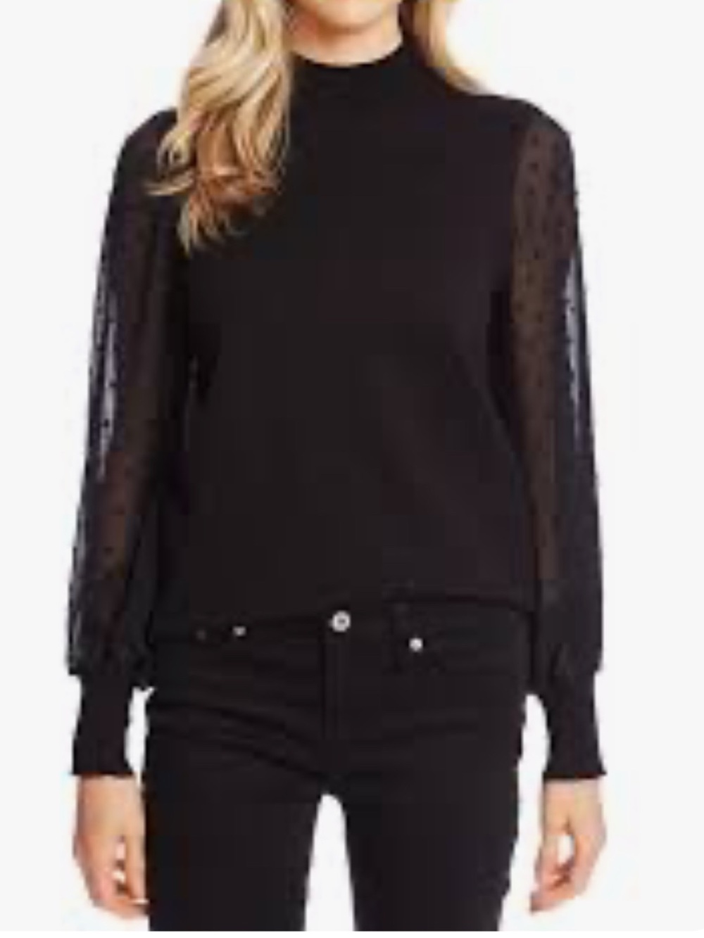 CeCe Black Swiss Dot Sheer 3/4 Sleeve Women's Top